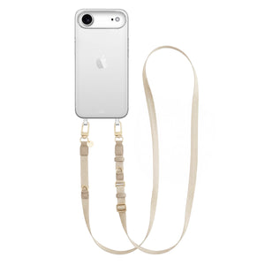 Transparant iPhone 17 Air hoesje met beige lanyard strap en gouden details.