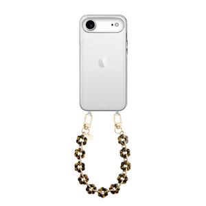 Transparant iPhone 17 Air hoesje met kort Leopard Flowers koord, bloemvormige kralen en gouden haken.