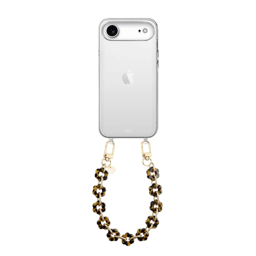 Transparant iPhone 17 Air hoesje met kort Leopard Flowers koord, bloemvormige kralen en gouden haken.