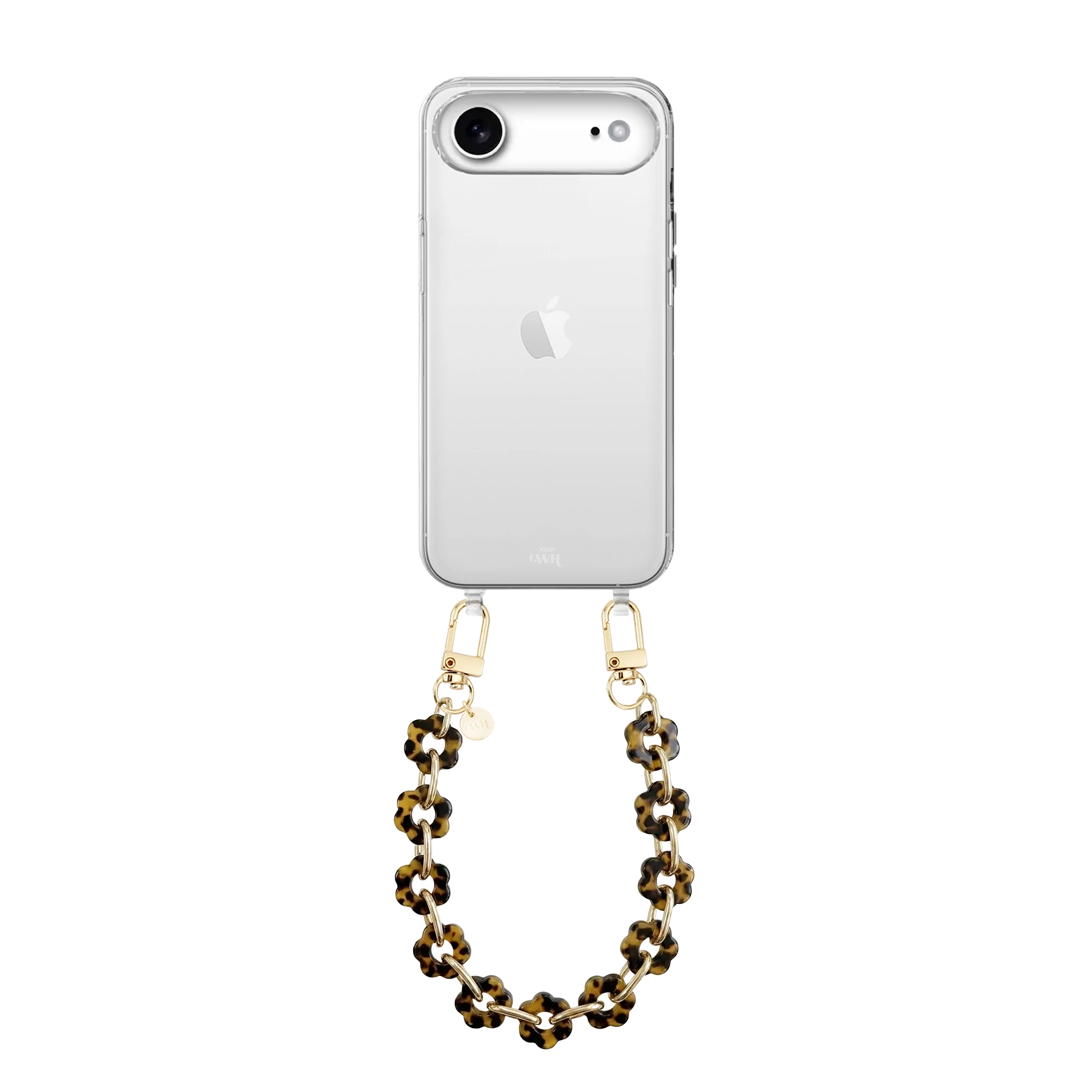 Transparant iPhone 17 Air hoesje met kort Leopard Flowers koord, bloemvormige kralen en gouden haken.