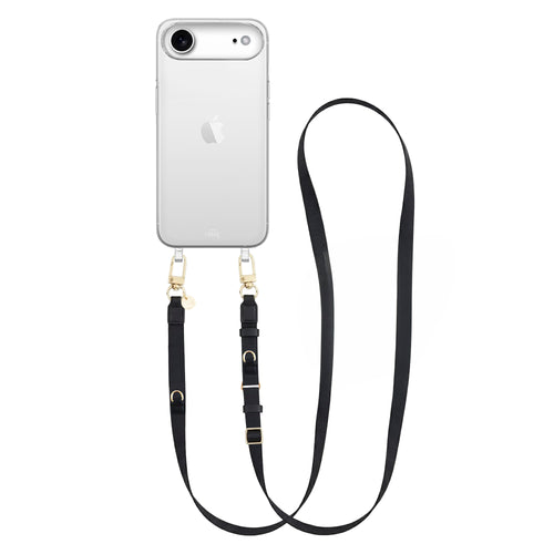 Transparant iPhone 17 Air hoesje met zwarte verstelbare lanyard strap en gouden details.
