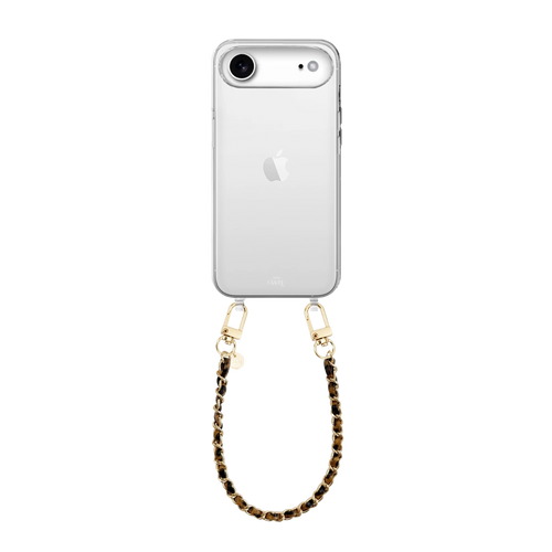 Transparant iPhone 17 Air hoesje met korte Classic Chain Leopard polsband en gouden details.