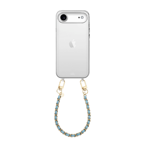 Transparant iPhone 17 Air hoesje met korte Classic Chain Denim koord en gouden details.