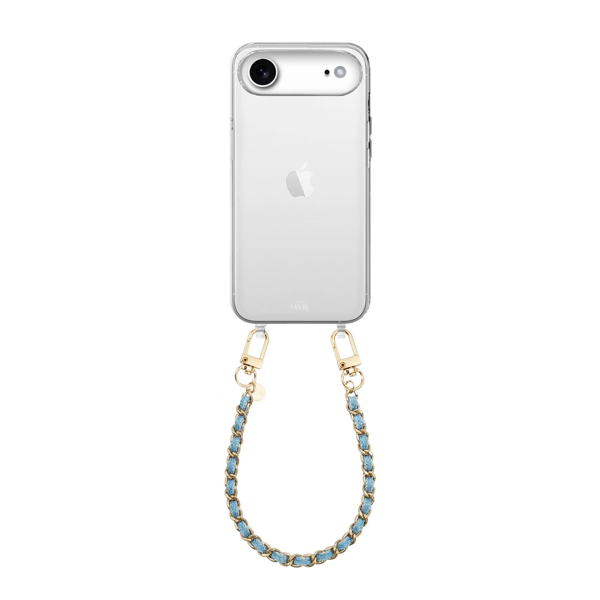 Transparant iPhone 17 Air hoesje met korte Classic Chain Denim koord en gouden details.