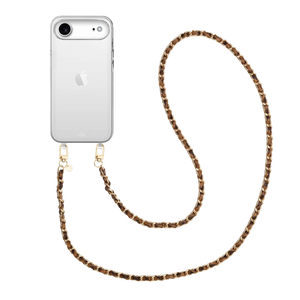 Transparante iPhone 17 Air hoes met lange Classic Chain Leopard koord, gouden details.