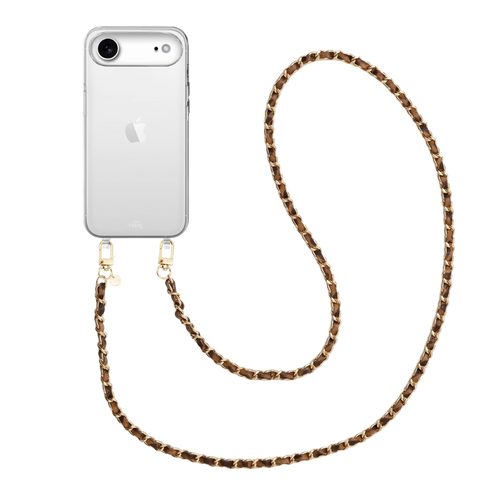 Transparante iPhone 17 Air hoes met lange Classic Chain Leopard koord, gouden details.