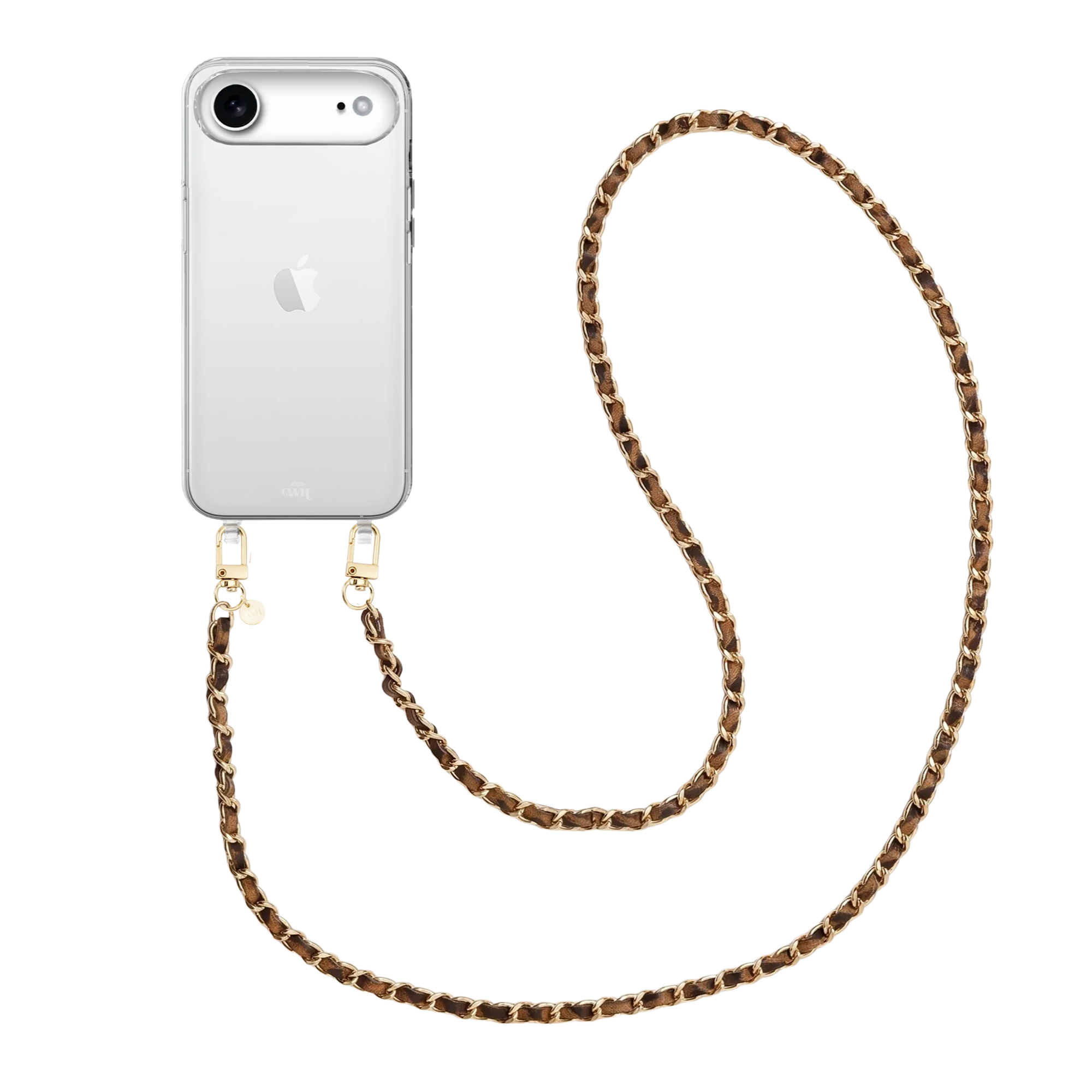 Transparante iPhone 17 Air hoes met lange Classic Chain Leopard koord, gouden details.
