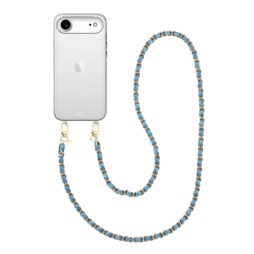 Transparant iPhone 17 Air hoesje met lange Classic Chain Denim koord en gouden details.