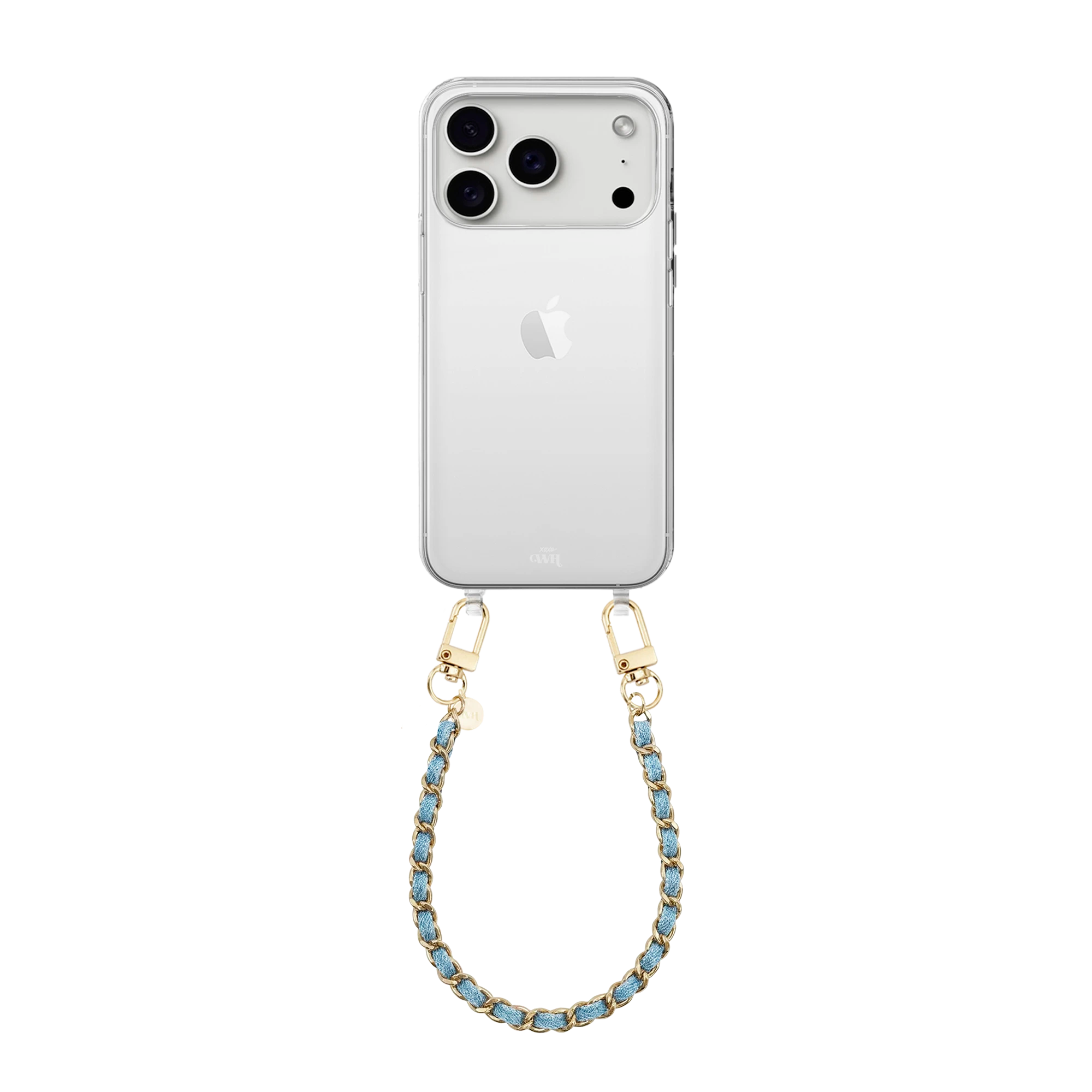 Transparant iPhone 17 Pro hoesje met een korte Classic Chain Denim koord met gouden details.