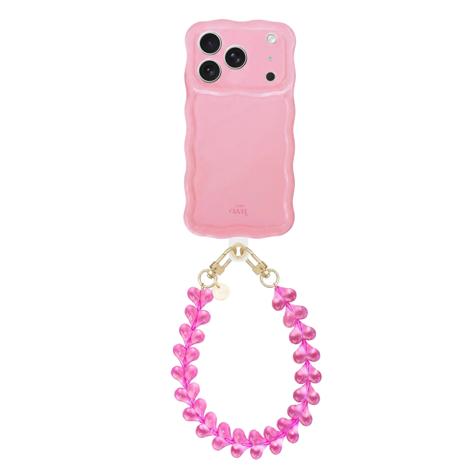 Glossy wavy light pink iPhone 17 Pro case with a detachable Funky Hearts cord.
