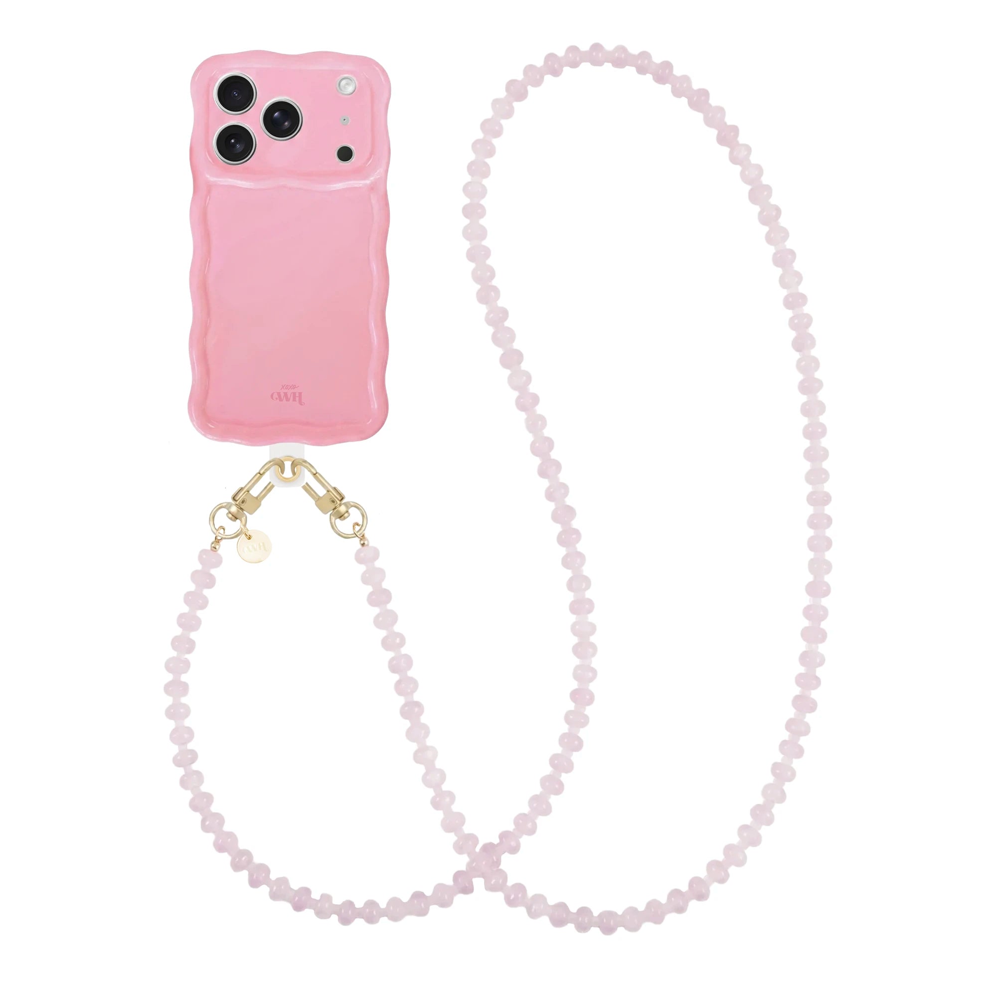 Glanzend lichtroze iPhone 17 Pro hoesje met golvende rand en lang Dusty Pink kralenkoord.