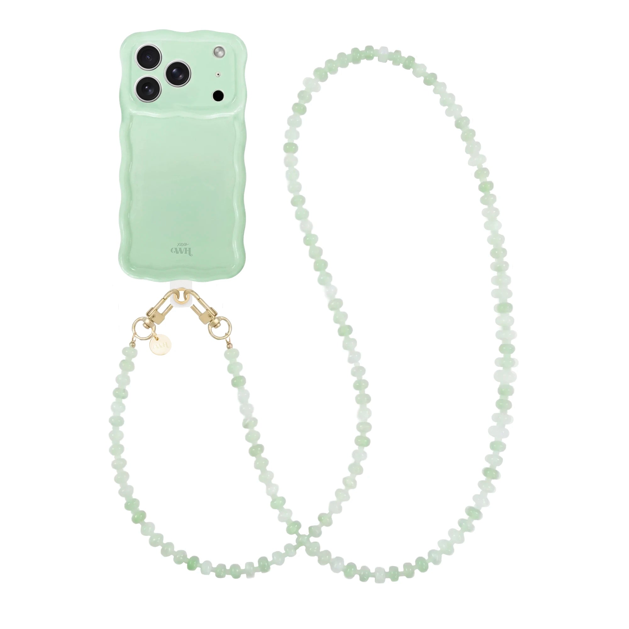 Glossy Wavy iPhone 17 Pro case in Sage Sorbet with a long, beaded Dusty Green cord.