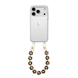 Transparant iPhone 17 Pro hoesje met een kort Leopard Flowers koord van bloemvormige, luipaardprint kralen en gouden haken.