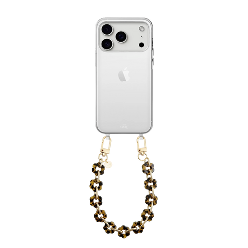 Transparant iPhone 17 Pro hoesje met een kort Leopard Flowers koord van bloemvormige, luipaardprint kralen en gouden haken.