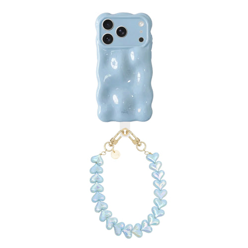 Bubbly Ice Blue iPhone 17 Pro case with wavy design and Funky Hearts Cord (Blue metallic).