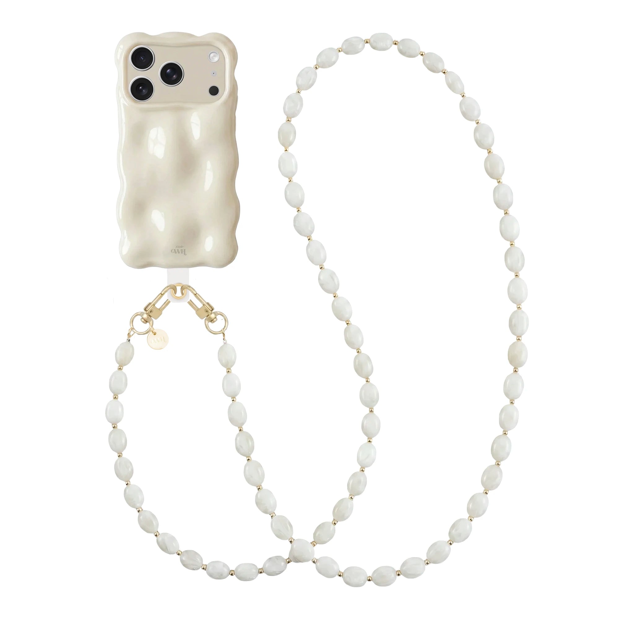 Crèmekleurige Bubbly iPhone 17 Pro hoes met golvende vorm en lang Ocean Sand koord met ovale kralen.
