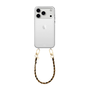 iPhone 17 Pro transparant cord case met korte Classic Chain Leopard en gouden details.