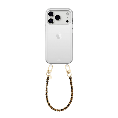 iPhone 17 Pro transparant cord case met korte Classic Chain Leopard en gouden details.