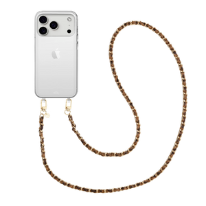 Transparant iPhone 17 Pro hoesje met lange Classic Chain Leopard koord en gouden details.