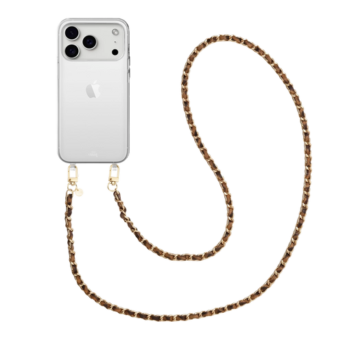 Transparant iPhone 17 Pro hoesje met lange Classic Chain Leopard koord en gouden details.