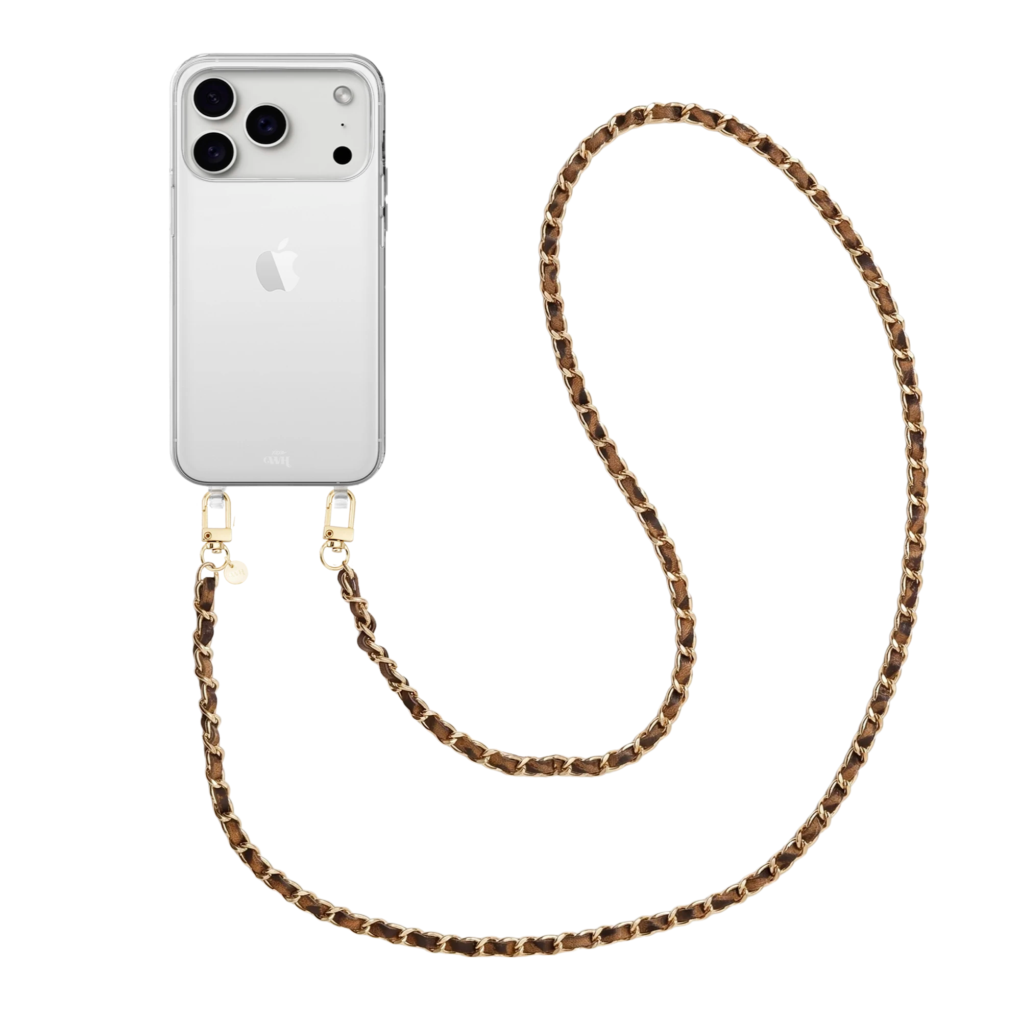 Transparant iPhone 17 Pro hoesje met lange Classic Chain Leopard koord en gouden details.