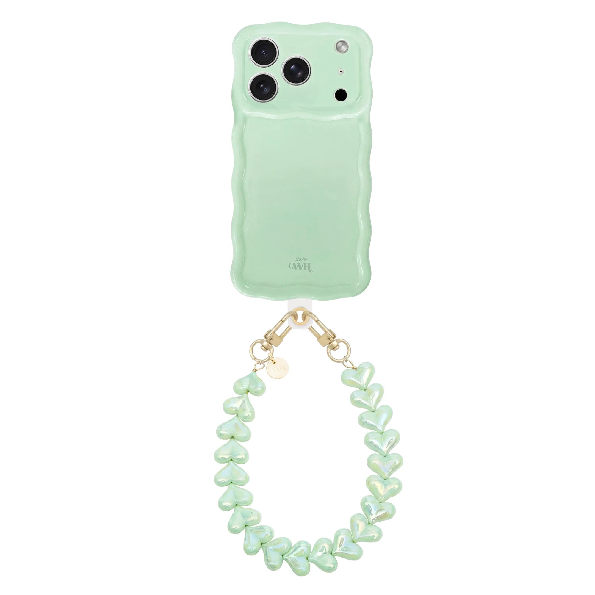 Glossy wavy sage green iPhone 17 Pro case with a pearlescent heart-shaped cord.