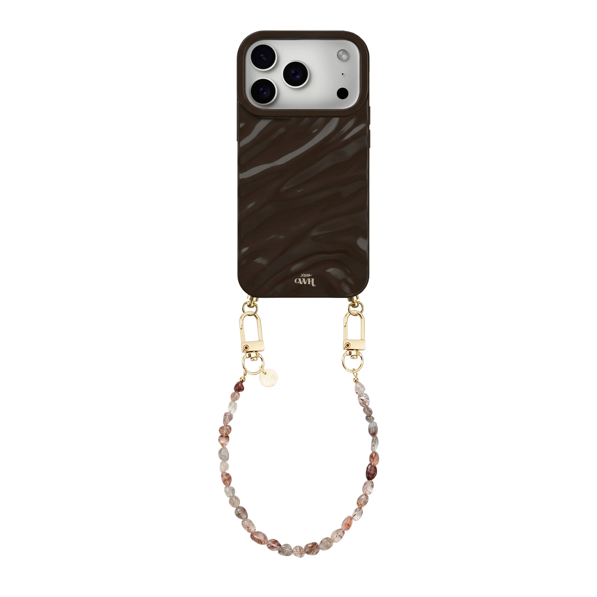 Glanzend bruin iPhone 17 Pro Max hoesje met golvend patroon en kort Soft Taupe kralenkoord.
