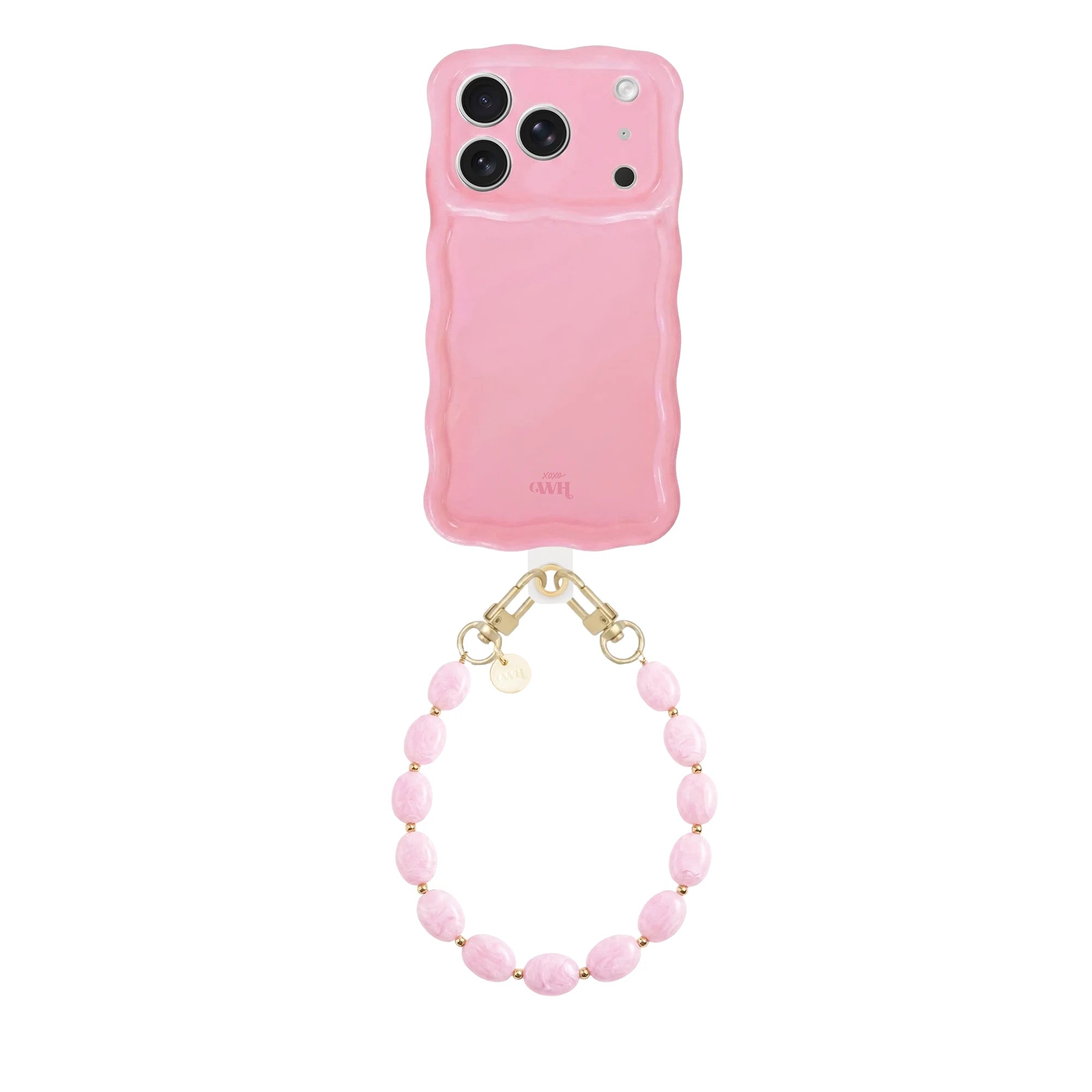 Glossy roze golvende iPhone 17 Pro hoes met korte Ocean koord van roze kralen.