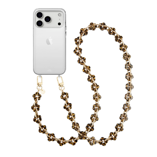 Transparante iPhone 17 Pro cord case met lang Leopard Flowers koord en gouden haken.