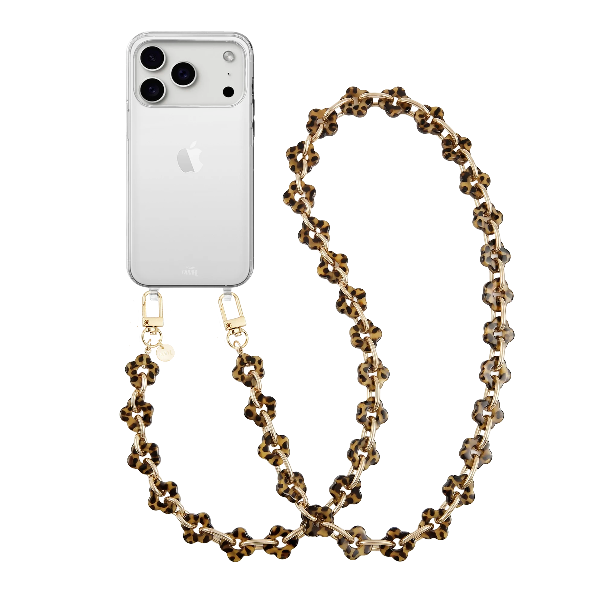 Transparante iPhone 17 Pro cord case met lang Leopard Flowers koord en gouden haken.