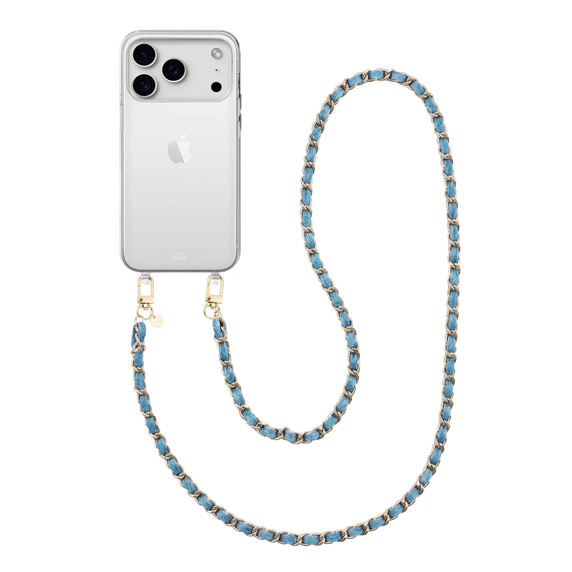 iPhone 17 Pro transparant hoesje met lange Classic Chain Denim koord en gouden details.
