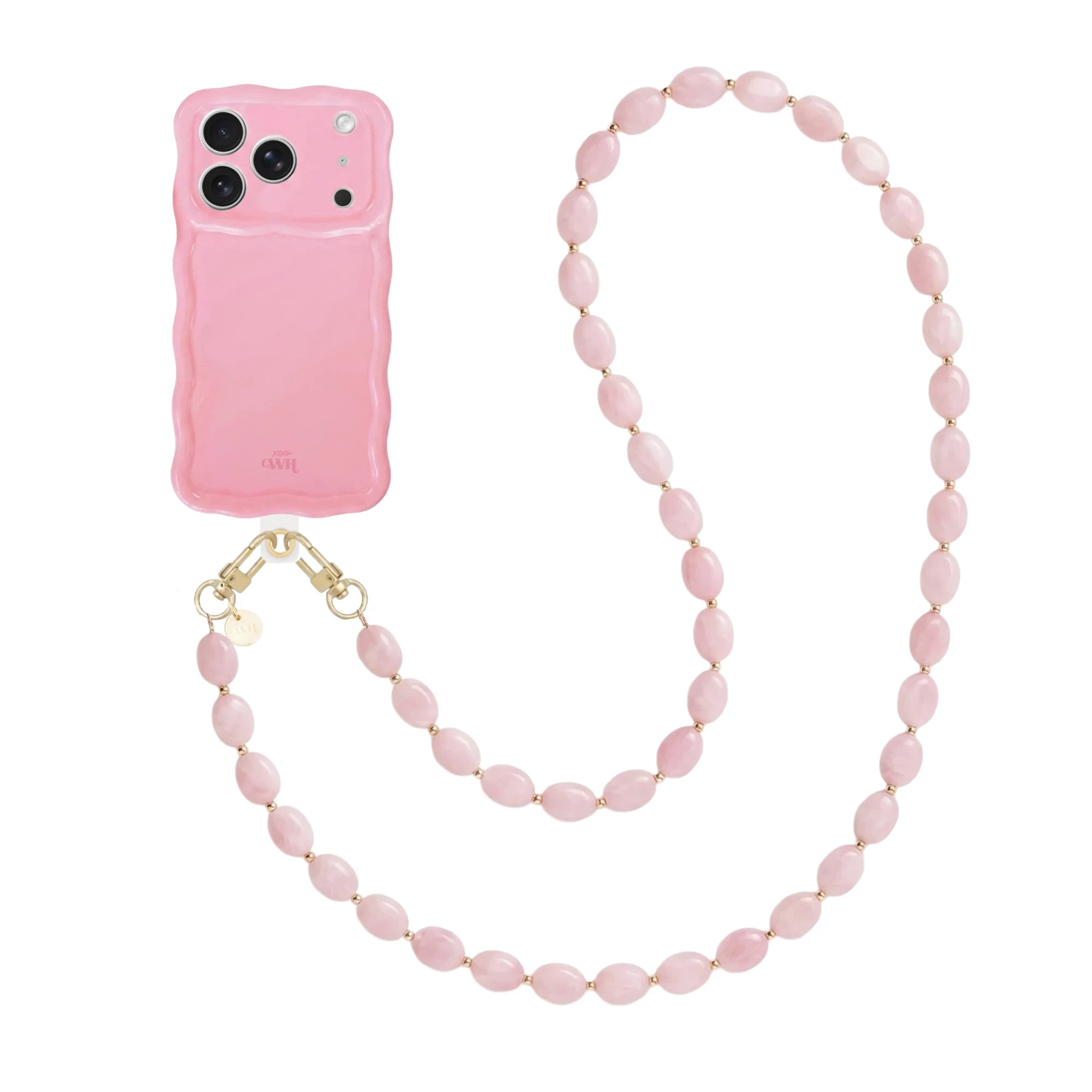 Glossy roze wavy iPhone 17 Pro hoesje met een lang Ocean koord van ovale roze kralen.