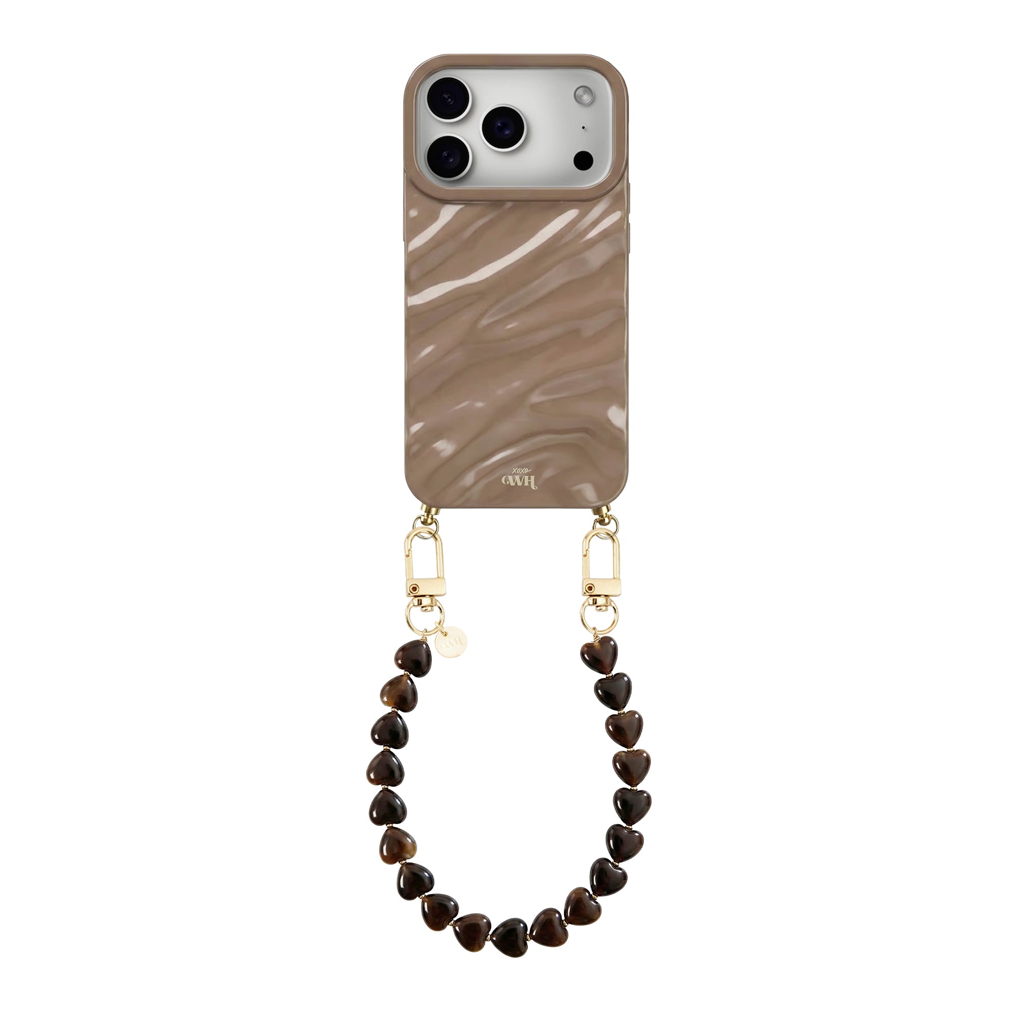 Taupe Glaze iPhone 17 Pro case with a wavy pattern and a short Sweetheart Brown cord of dark heart beads.