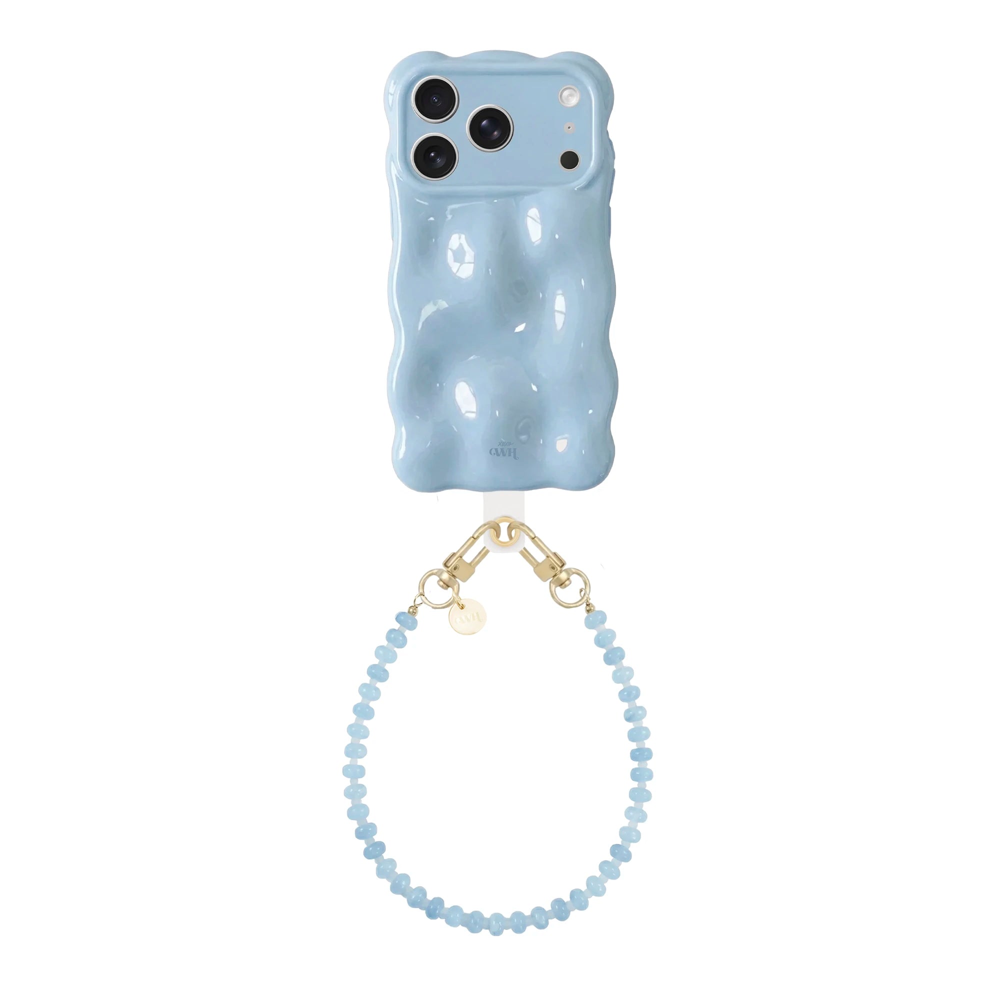 Lichtblauwe Bubbly iPhone 17 Pro case met golvende textuur en een kort Dusty koord van lichtblauwe kralen.