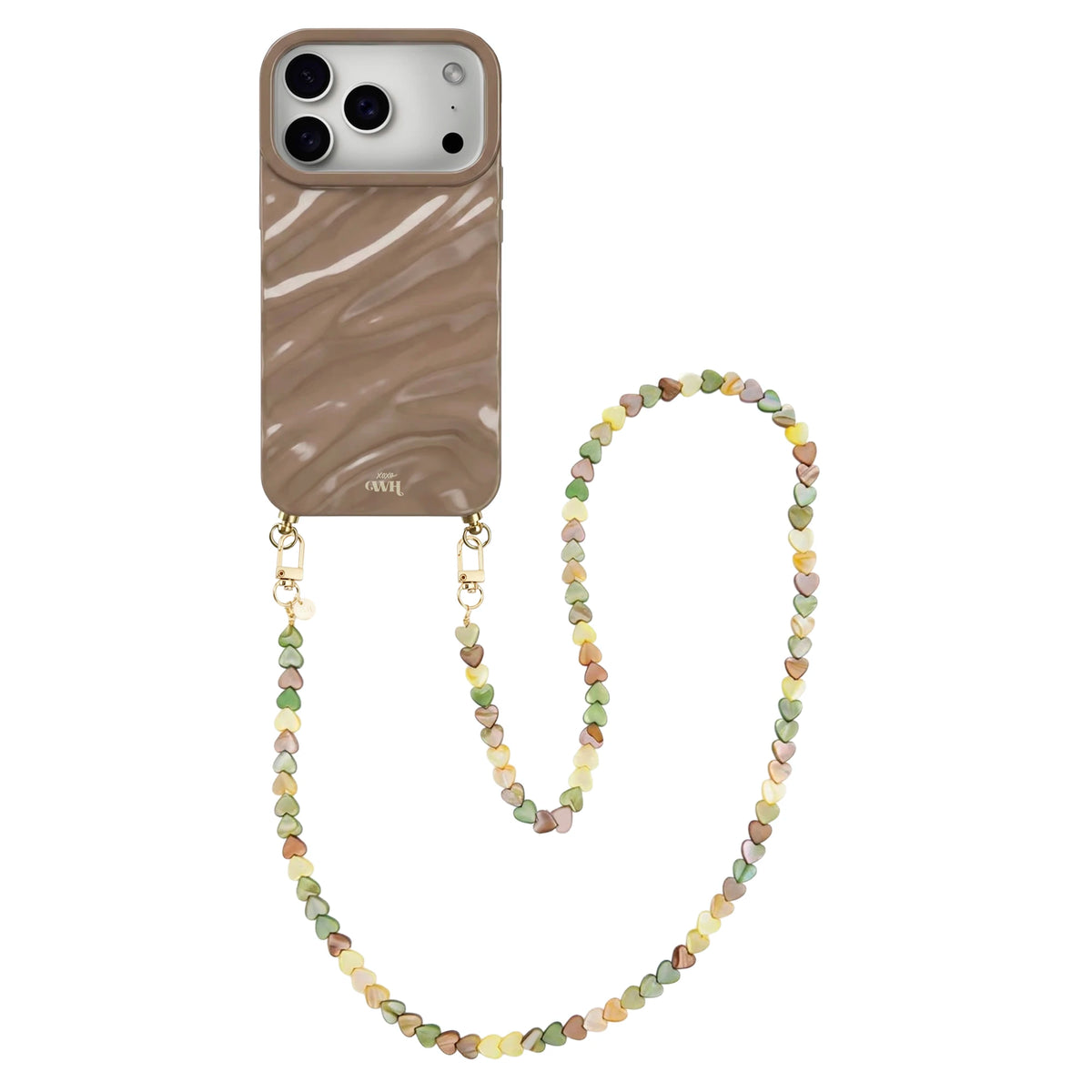 Taupe Glaze Cord Case - Shell Hearts Olives (long) - iPhone 17 Pro Max