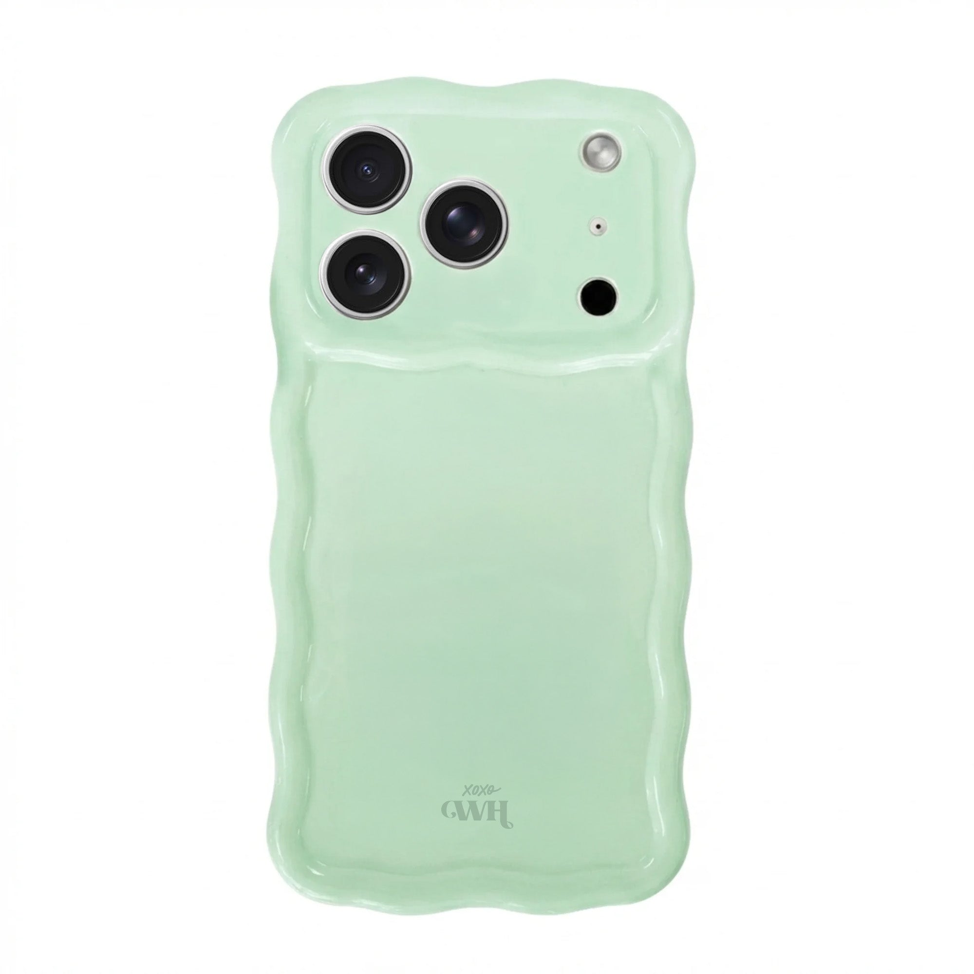 Glossy wavy iPhone 17 Pro case in sage sorbet green with xoxo Wildhearts logo.