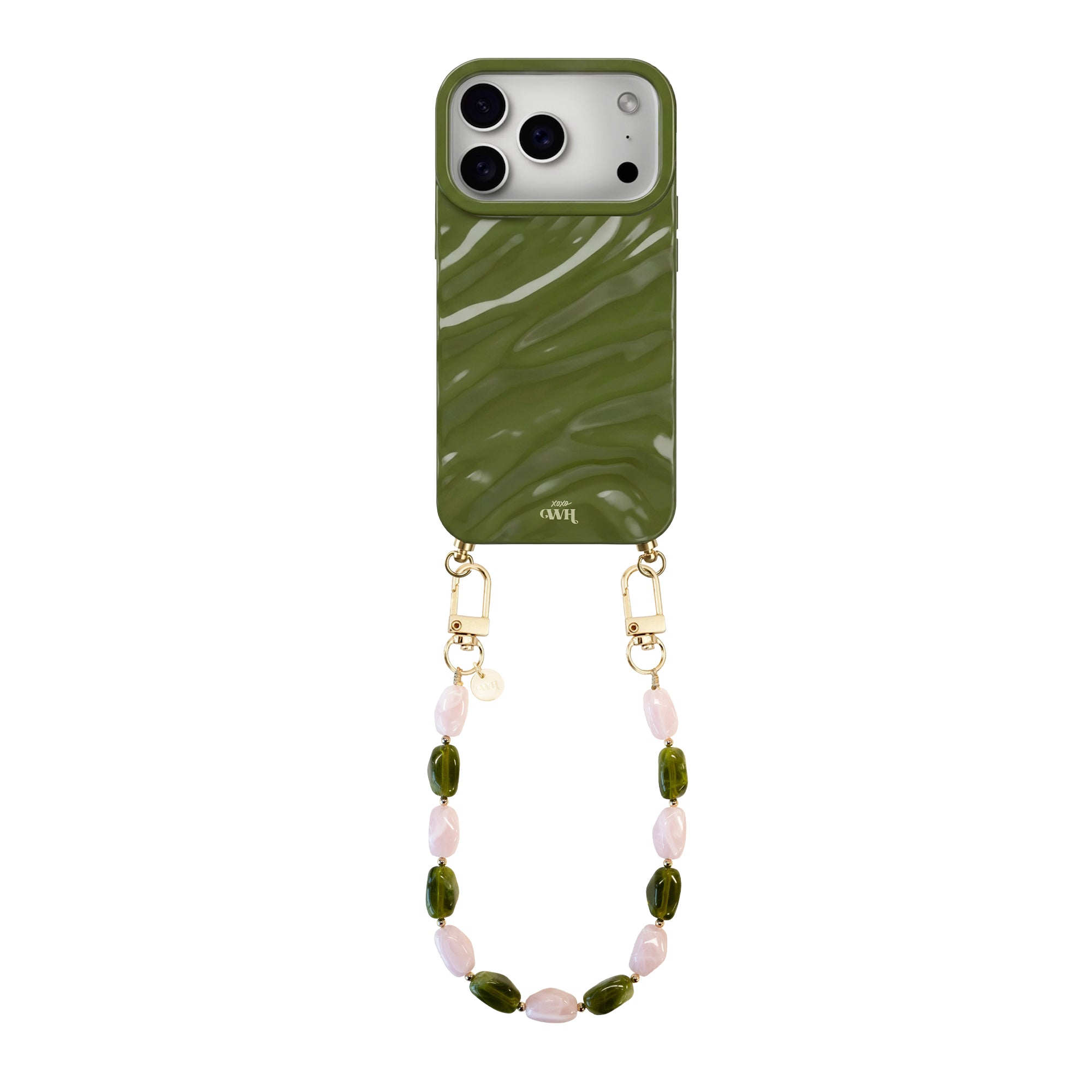 Glanzende donkergroene iPhone 17 Pro hoes met golvend patroon en kort Rose Quartz kralenkoord.