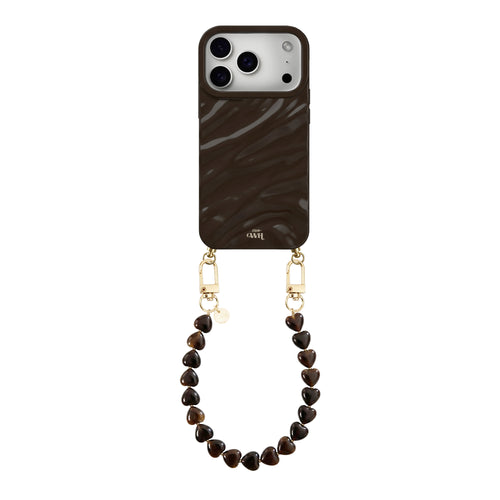 Glaze Cord Case in Sweetheart Brown with a glossy finish and a short heart-beaded wrist strap.