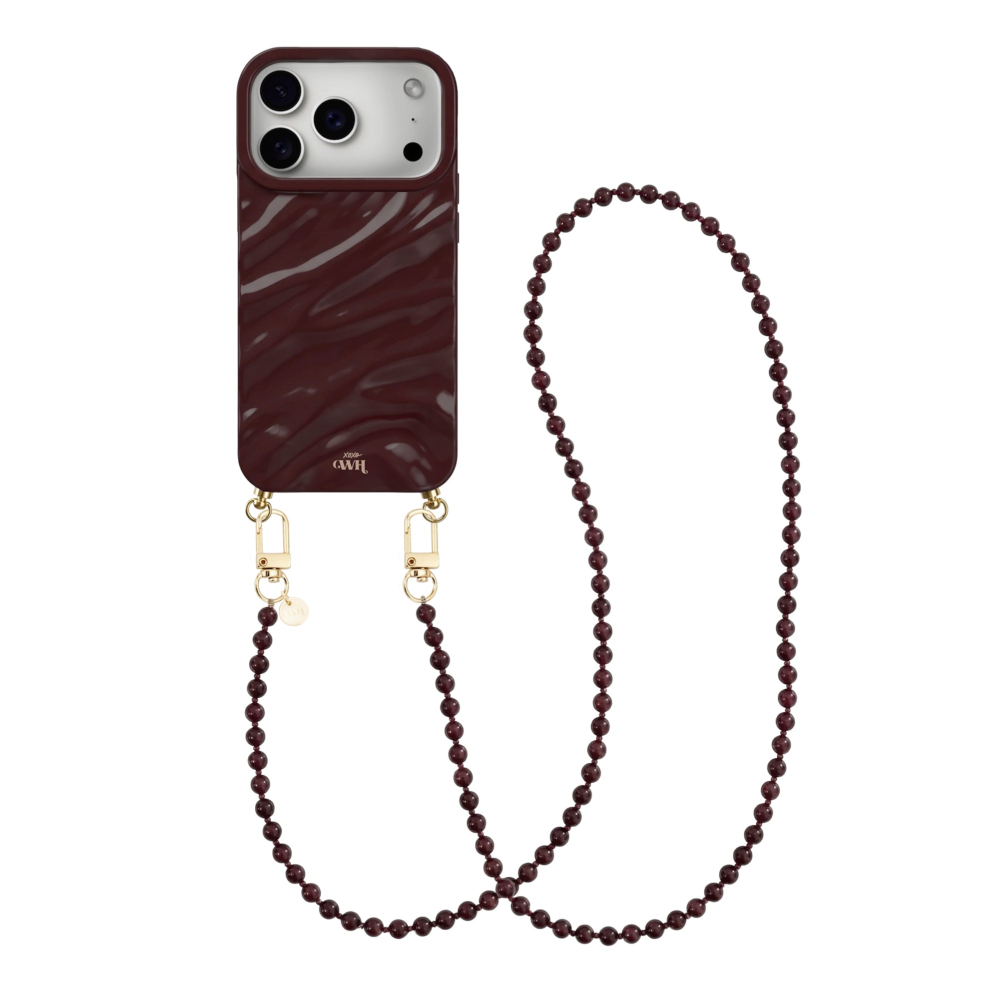 Glanzend bordeauxrode iPhone 17 Pro Glaze Cord Case met bijpassend lang Burgundy Muse koord en gouden haakjes.