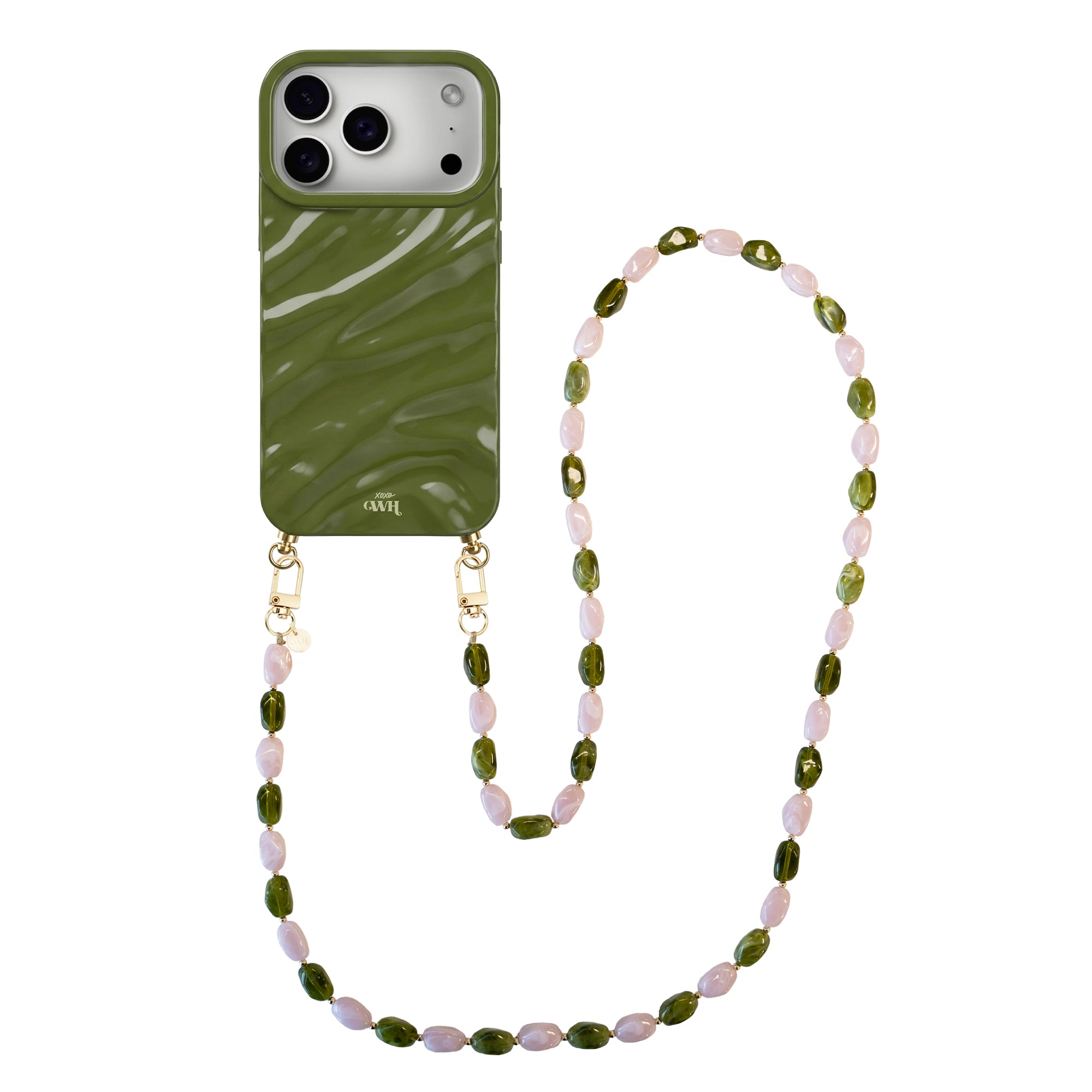 Glanzende donkergroene iPhone 17 Pro hoes met Rose Quartz en groene kralen koord.