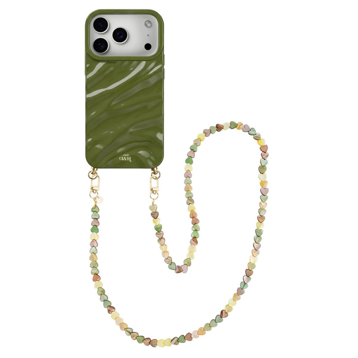 Green Glaze Cord Case - Shell Hearts Olives (long) - iPhone 17 Pro Max
