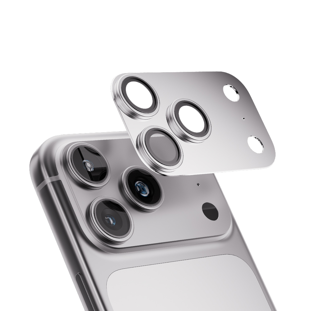 Zilveren iPhone 17 Pro Max camera lens protector van gehard glas, zwevend boven de cameralenzen.