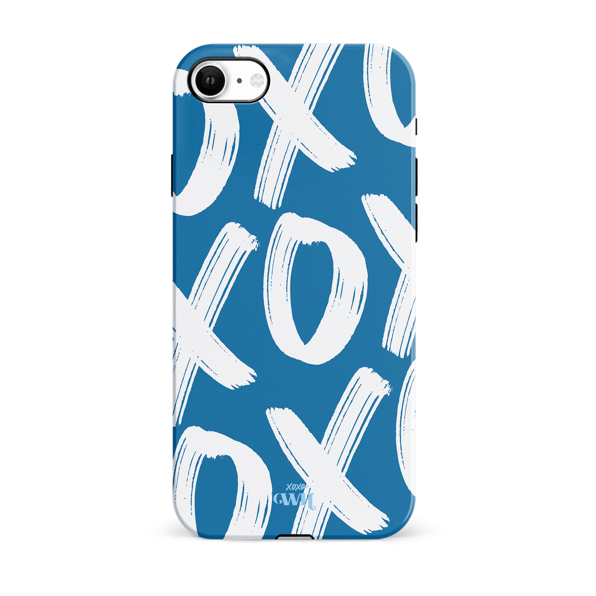 Blue phone case with white brushstroke "XOXO" pattern and "xoxo Wildhearts" logo.