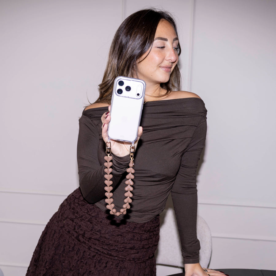 iPhone 14 Pro Max - Funky Hearts (Dark Brown) Transparant Cord Case