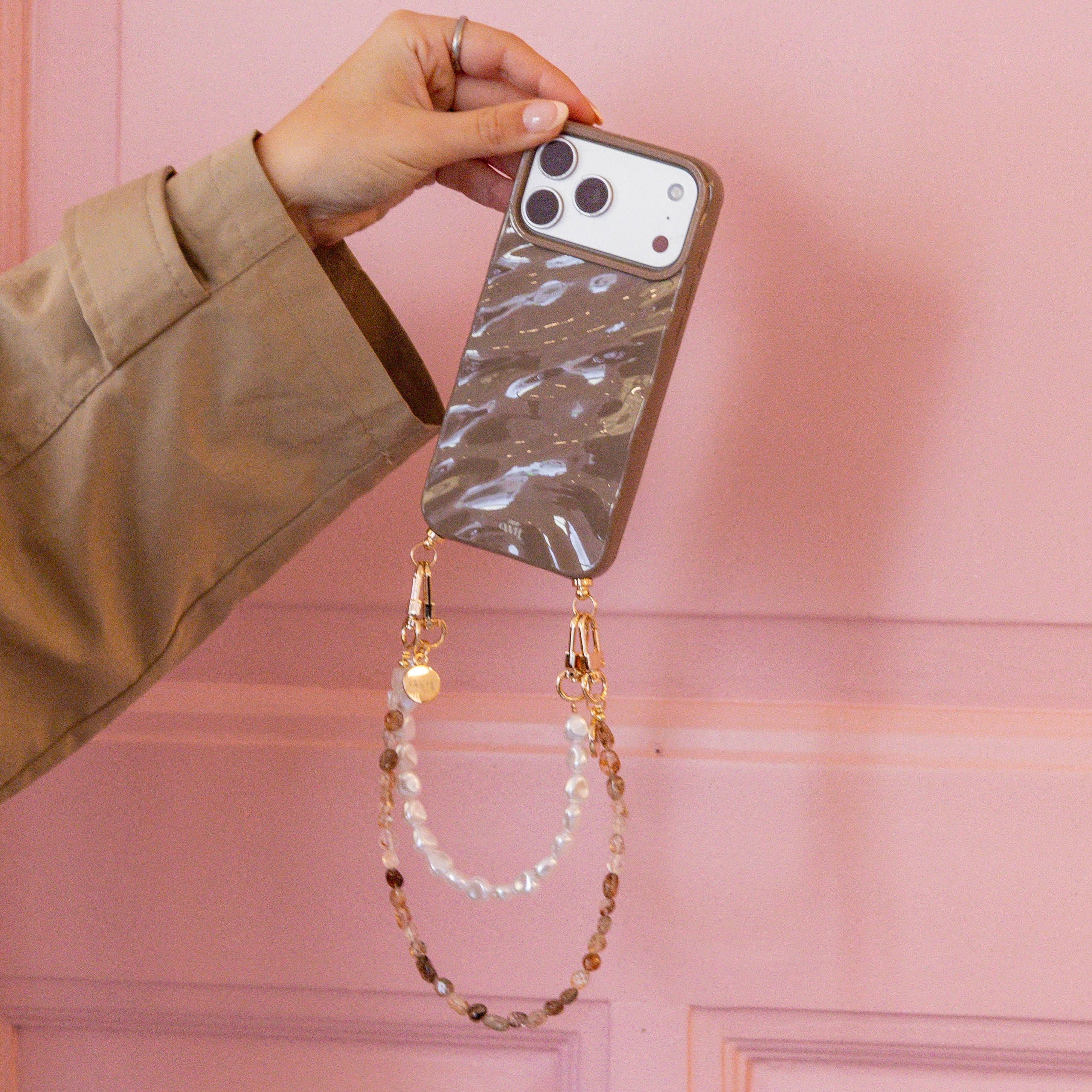 iPhone 13 - Glaze Cord Case - Soft Taupe & Pearls