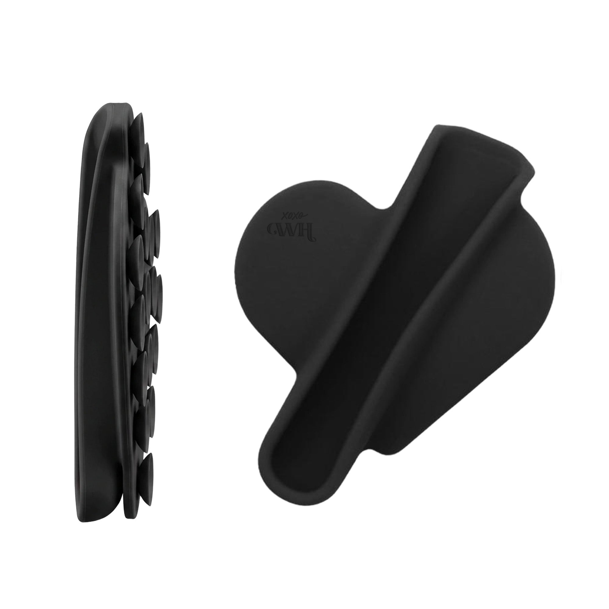 Zwarte siliconen hartvormige lipgloss houder met zuignappen, xoxo Wildhearts logo.