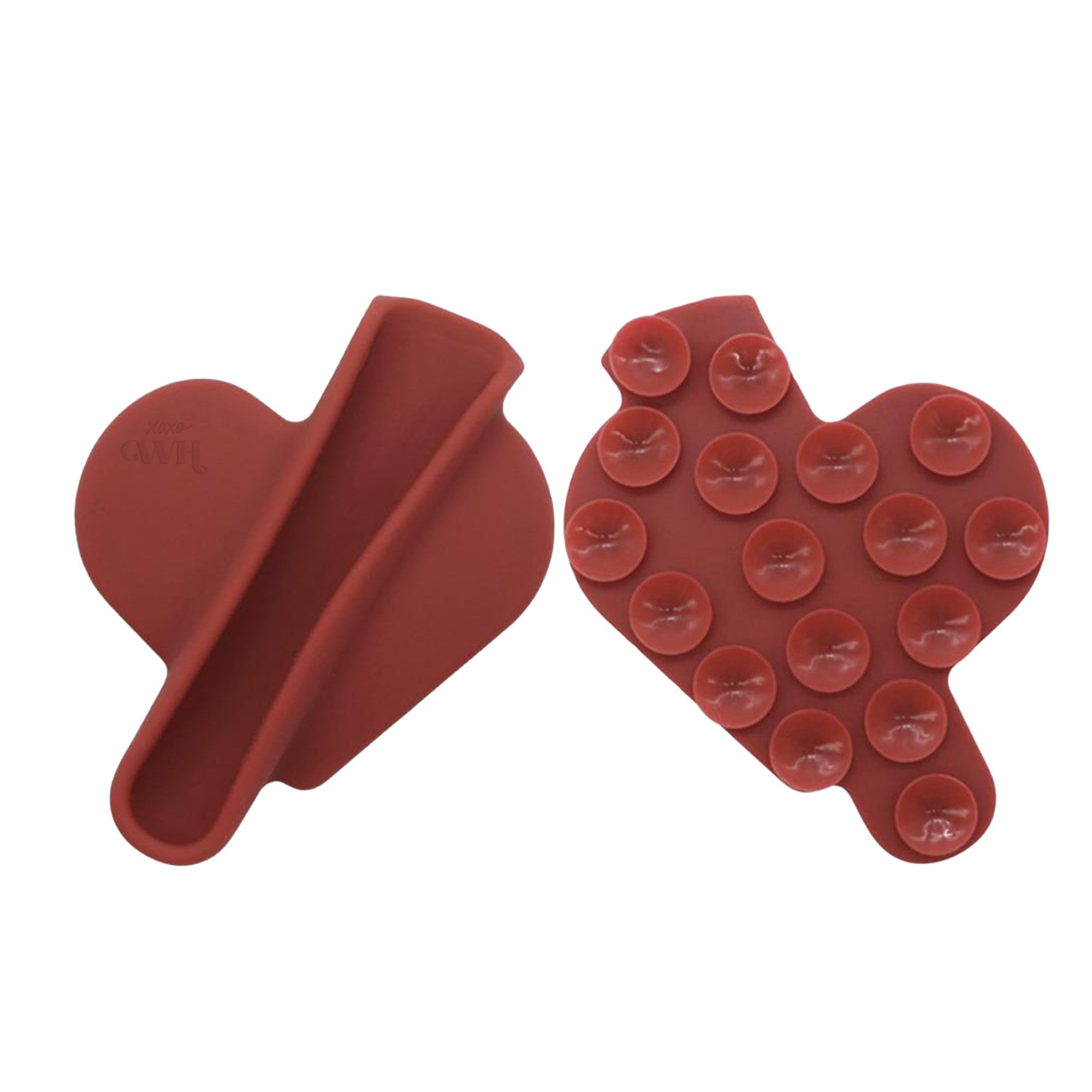 Burgundy heart-shaped silicone lipgloss holder with suction cups on the back.