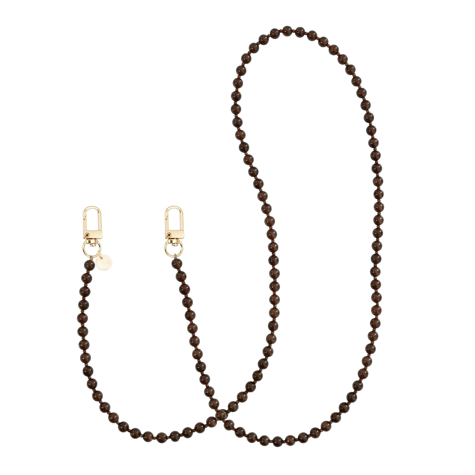 Lange Brown Sugar telefoonketting met bruine kralen en gouden karabijnhaken.