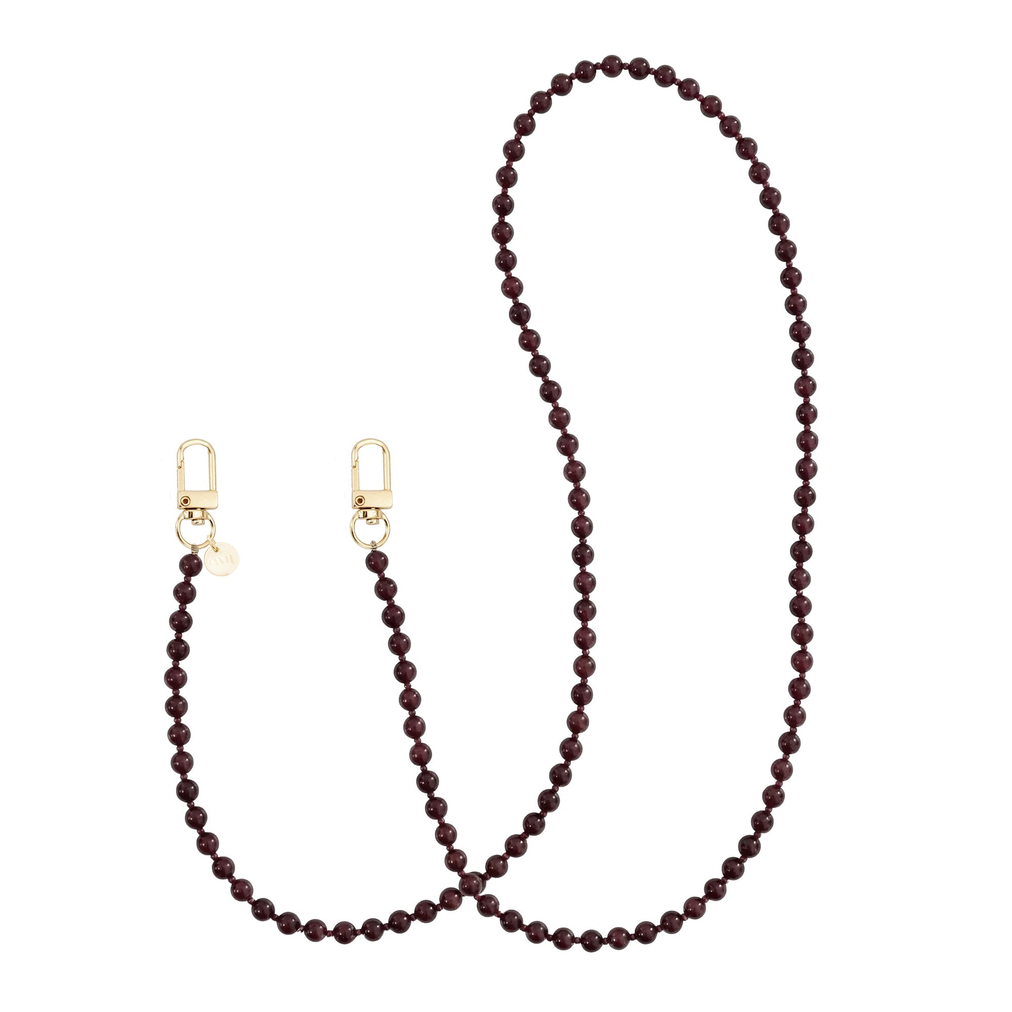 Lang Burgundy Muse koord met dieprode kralen en gouden haakjes.