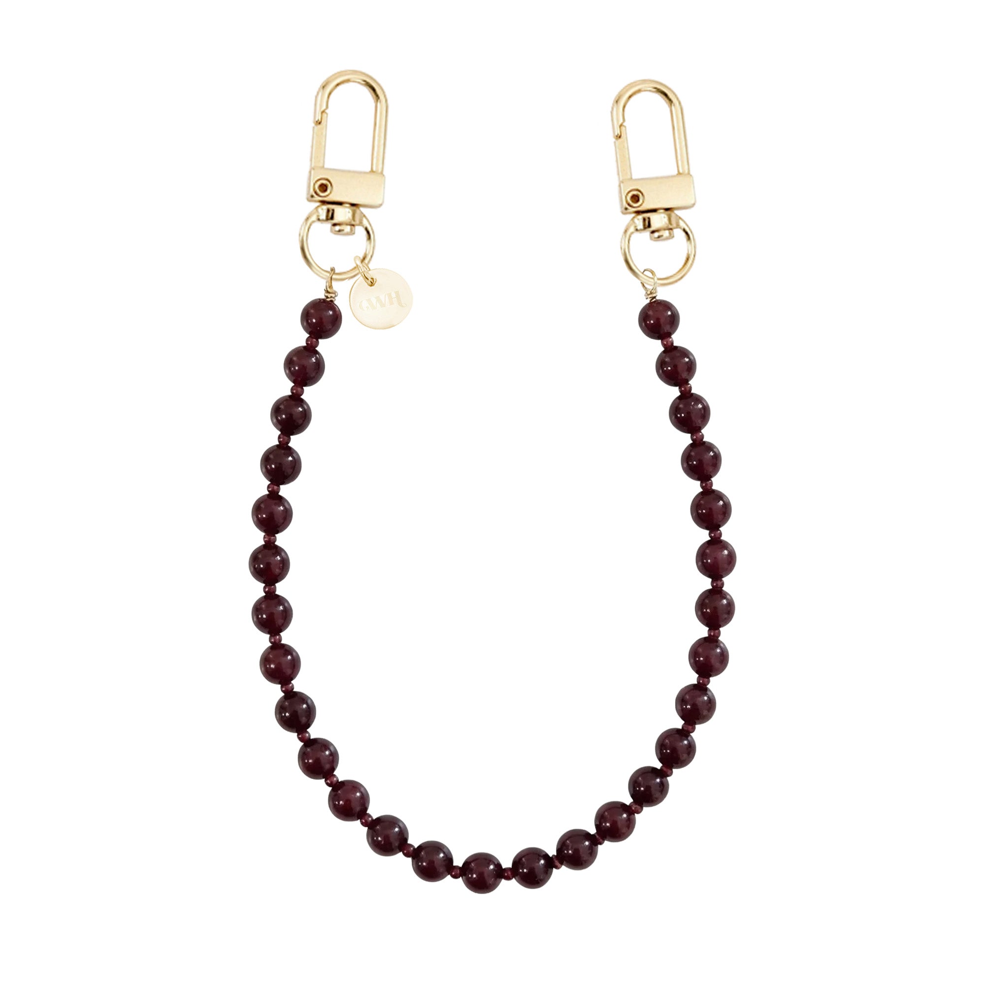 Kort Burgundy Muse koord met glanzende bordeauxrode kralen en twee gouden karabijnhaken.